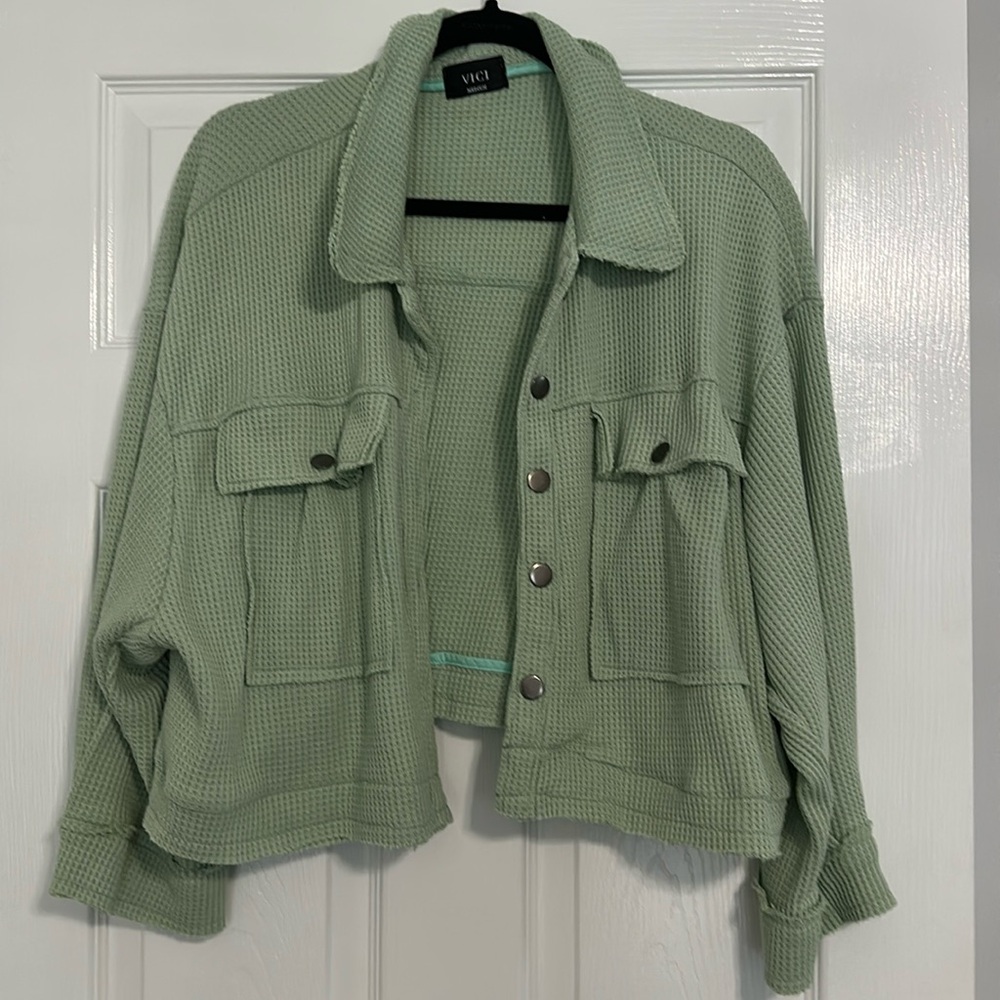 VICI Cotton Waffle Knit Shacket - Mint - Medium